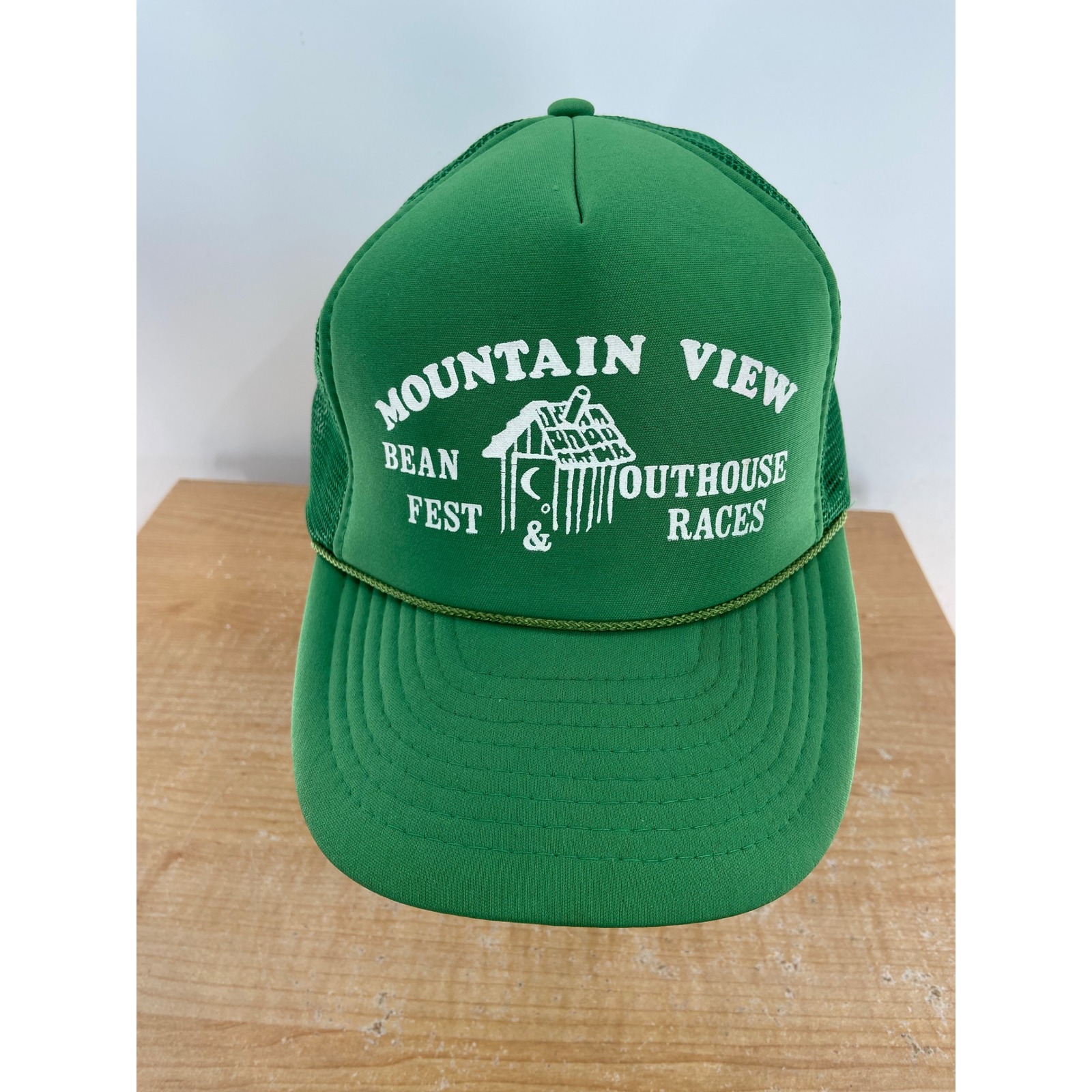 Vintage Nissin Green Mountain View Bean Fest Outhouse Races Trucker Hat Snapback